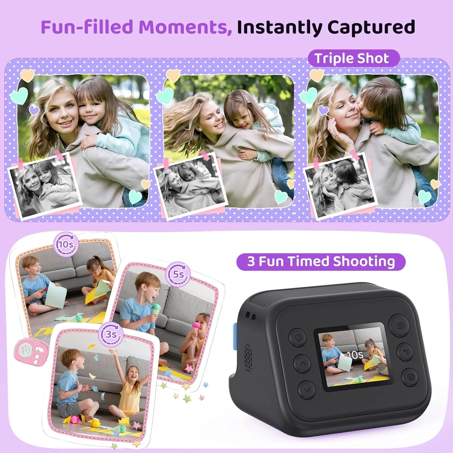 Instant Print Camera for Kids, Birthday Gifts for Girls and Boys Ages 3-12 - 1080P Video Camera for Kids, Gift Ideas for Boys Ages 3 4 5 6 7 8 9 10 11 12 -(Black) - Image 4
