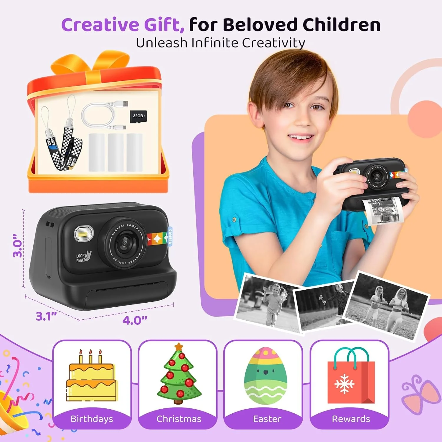 Instant Print Camera for Kids, Birthday Gifts for Girls and Boys Ages 3-12 - 1080P Video Camera for Kids, Gift Ideas for Boys Ages 3 4 5 6 7 8 9 10 11 12 -(Black) - Image 6