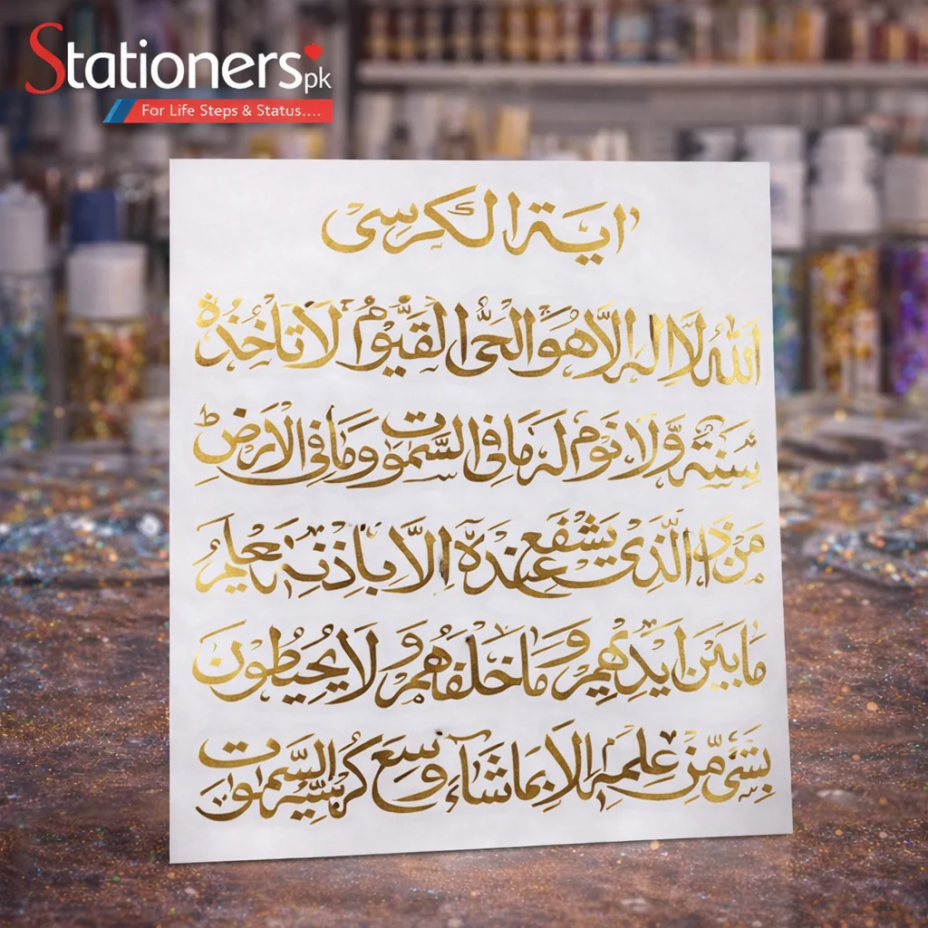 Islamic Calligraphy Wall Art Ayatul Kursi Arabic Golden Foil Print Decorative Frame for Home, Office and Mosque – Size 12.5cm Length x 11cm Width