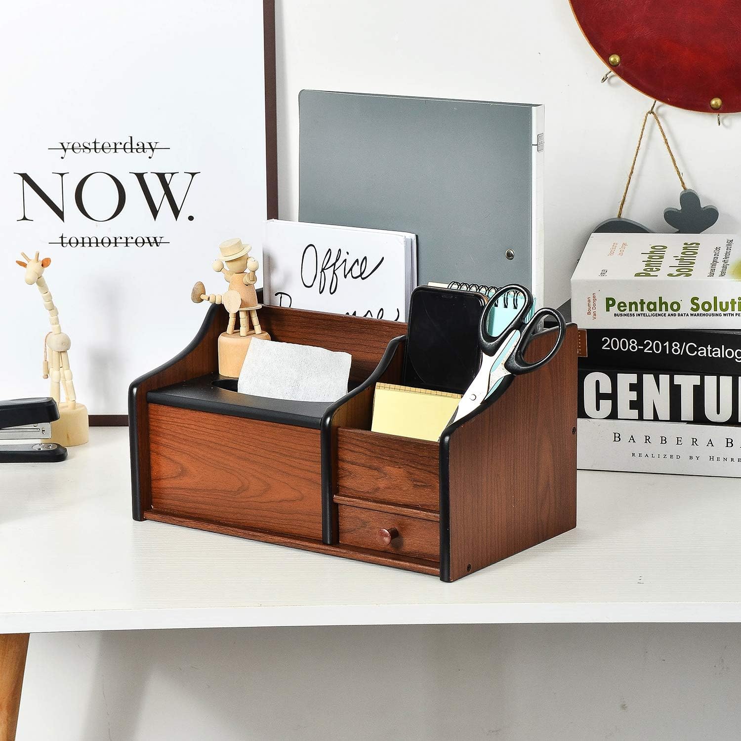 Liry Products Cherry Brown Wood Desk Organizer Tissue Box Lid Multiple Slots Drawer Tabletop Storage Cabinet Solid Wood Phone Tablet Remote Control Holder Office Supplies Caddy Accessory Sorter Home - Image 3