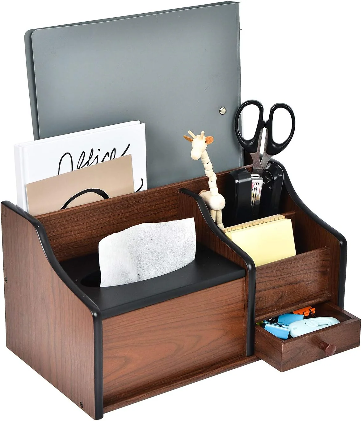 Liry Products Cherry Brown Wood Desk Organizer Tissue Box Lid Multiple Slots Drawer Tabletop Storage Cabinet Solid Wood Phone Tablet Remote Control Holder Office Supplies Caddy Accessory Sorter Home - Image 4