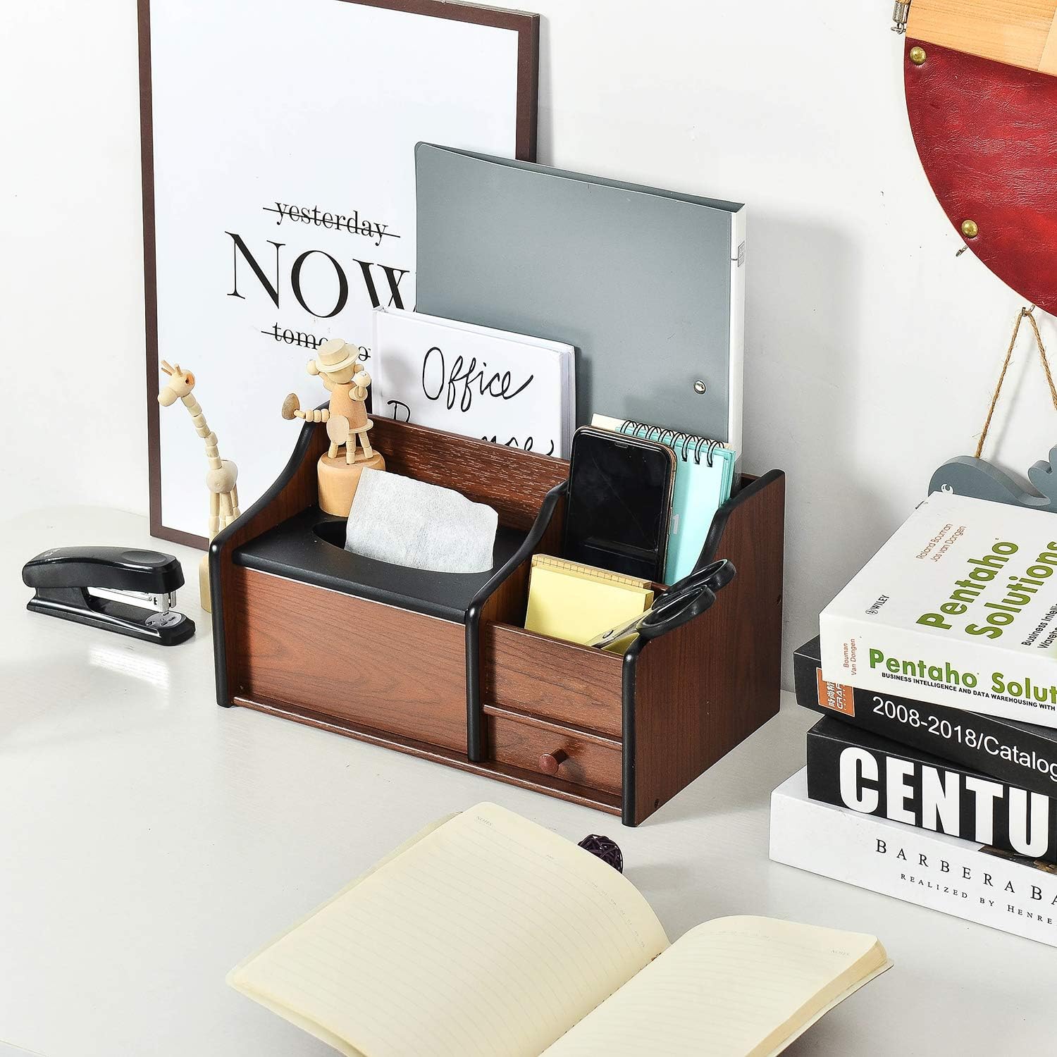 Liry Products Cherry Brown Wood Desk Organizer Tissue Box Lid Multiple Slots Drawer Tabletop Storage Cabinet Solid Wood Phone Tablet Remote Control Holder Office Supplies Caddy Accessory Sorter Home - Image 7