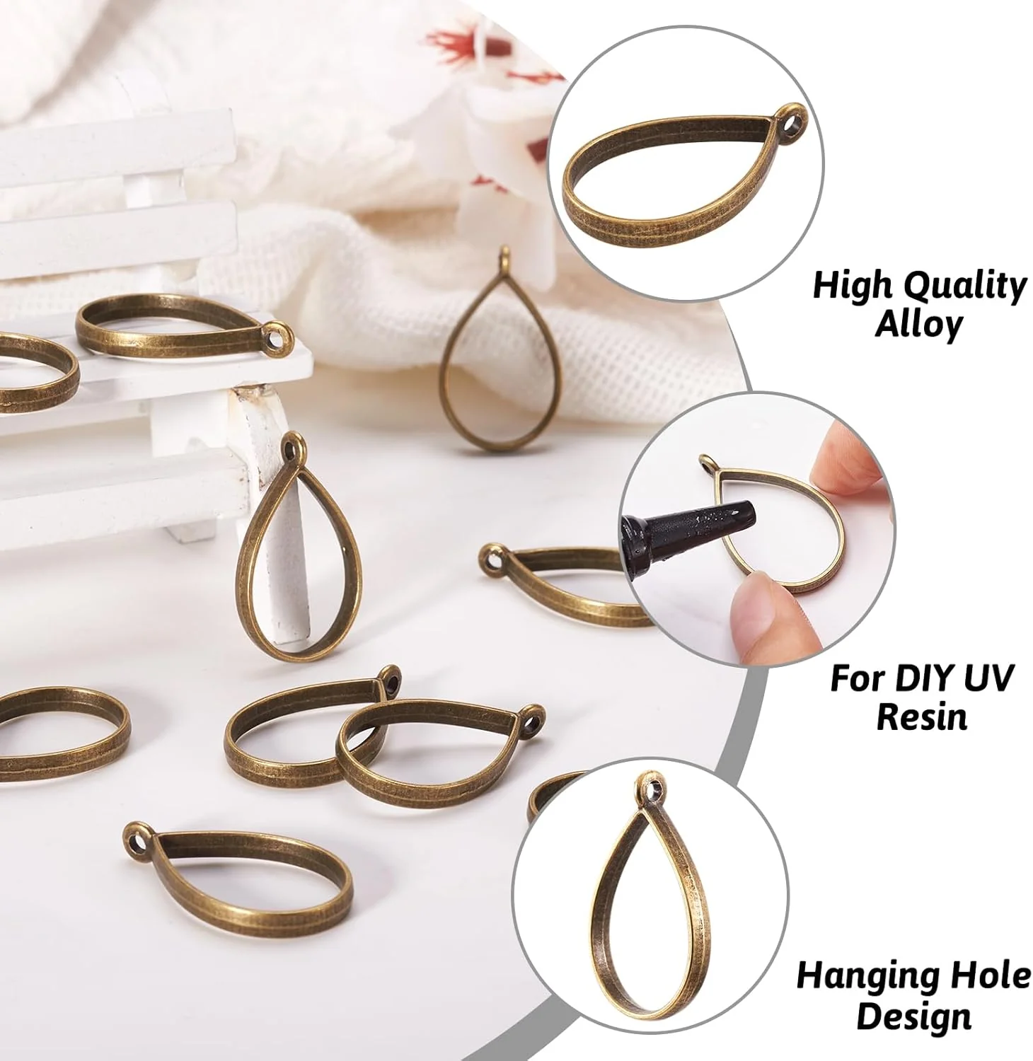 Pendat  Antique Bronze Alloy Open Back Bezel Pendants 33.9x20.5mm Drop Metal Hollow Frame Pendant Blanks for DIY Epoxy Resin Pressed Flower Jewelry 1pc - Image 2