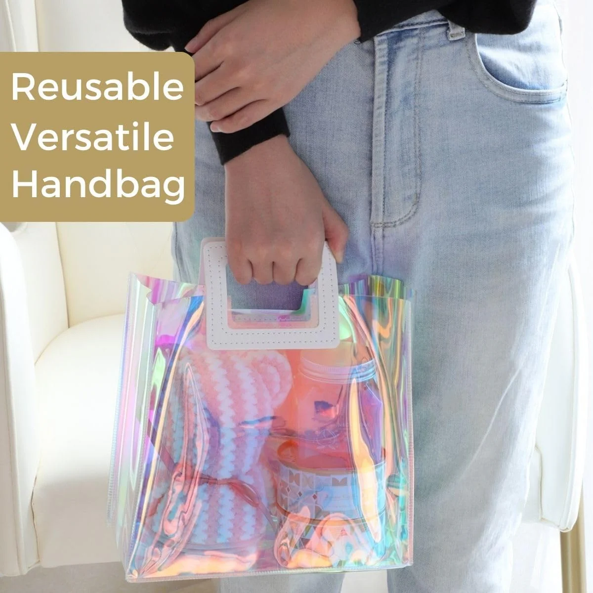 Shiny Transparent Gift Bag with Rexine Handle – Premium Holographic Clear Gift Packing Bag (17×15×7 cm / 19×17×8 cm) for Gifts, Cosmetics, Jewelry & Return Gifts - Image 4