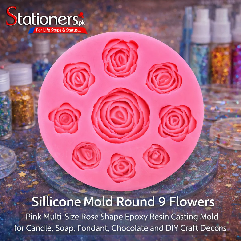 Silicone Mold Round 9 Flowers – Pink Multi-Size Rose Shape Epoxy Resin Casting Mold for Candle, Soap, Fondant, Chocolate and DIY Craft Decoration Projects