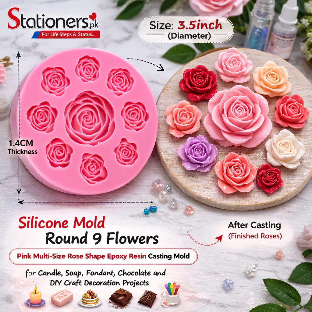 Silicone Mold Round 9 Flowers – Pink Multi-Size Rose Shape Epoxy Resin Casting Mold for Candle, Soap, Fondant, Chocolate and DIY Craft Decoration Projects - Image 2