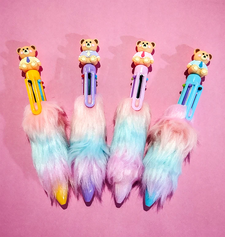 Teddy Bear Feather Fur Multicolor Gel Pen - Image 2