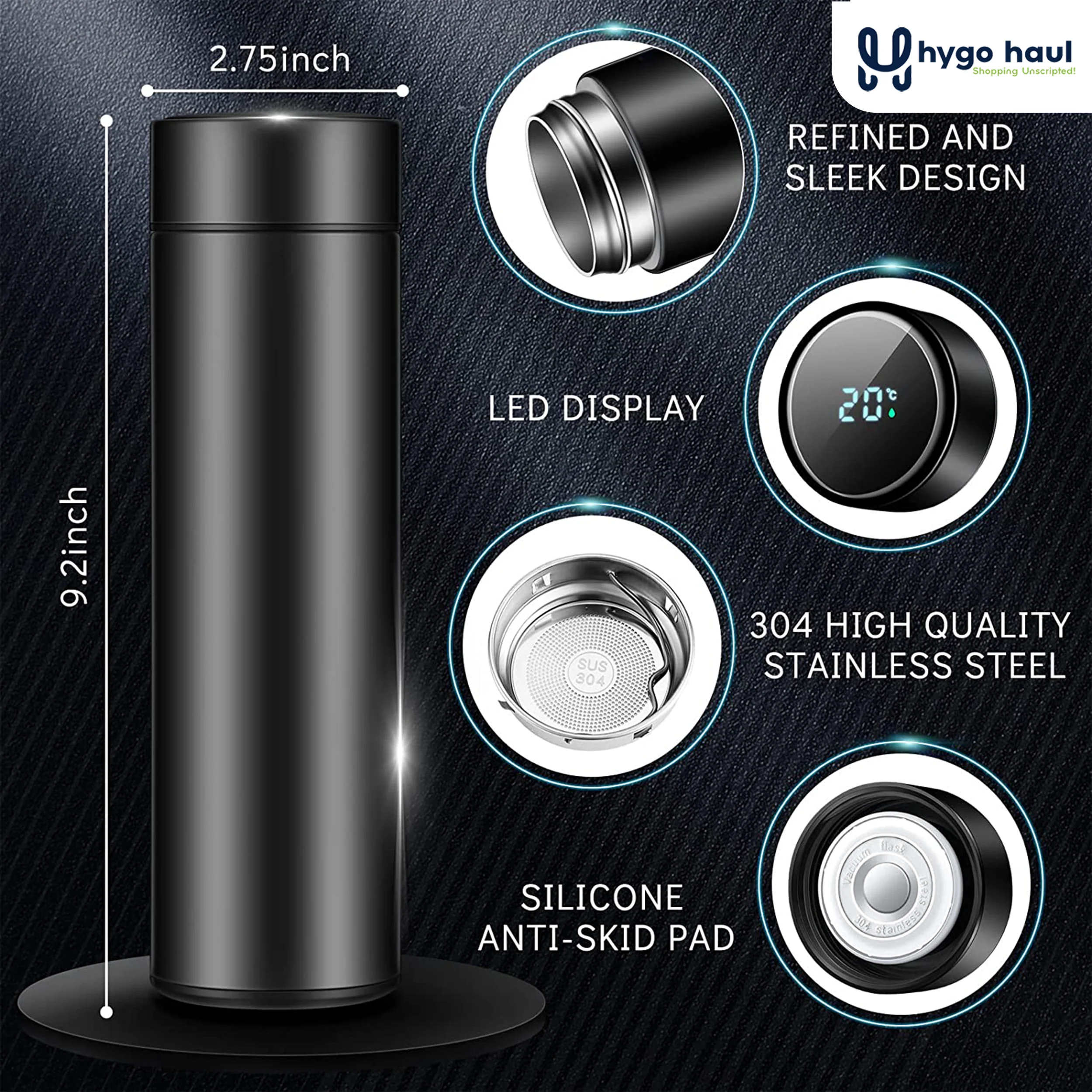 Water Bottle Stainless Steel 500ml LED Temperature Display - Multicolour - Image 2
